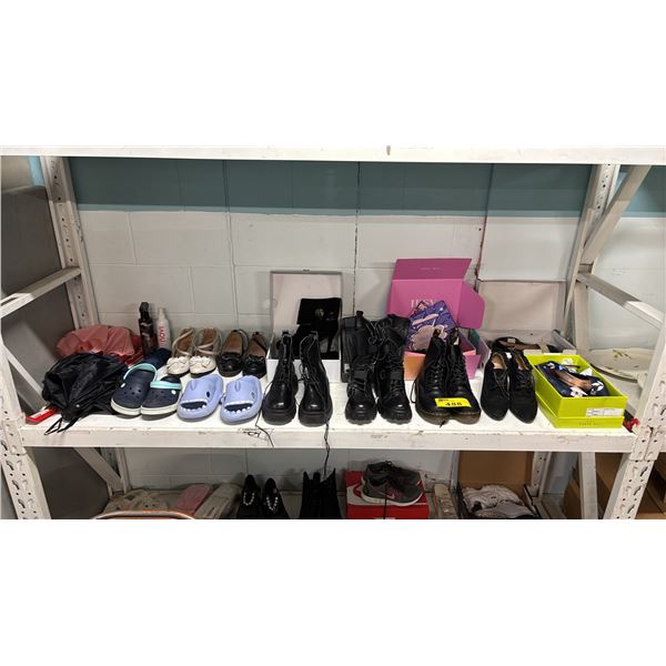 SHELF OF ASSORTED FOOTWEAR IN VARIOUS SIZES, UMBRELLAS & MORE