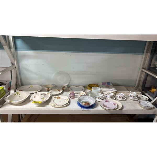 SHELF OF PLATES, BOWLS, TEACUPS, SAUCERS, TABLE RUNNERS & MORE
