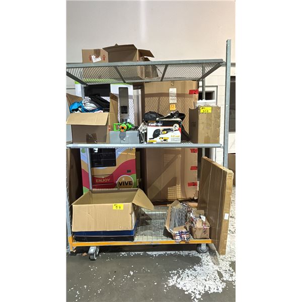 SHELF OF RETURNS - ASSORTED CLOTHING, CASE OF DOOR KNOBS, CCM HOCKEY BAG, STANLEY FAT MAX MULTI