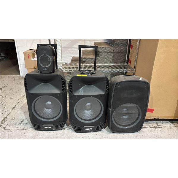 4 PORTABLE SPEAKERS *NO CHARGERS/WORKING CONDITION UNKNOWN/MAY BE MISSING PARTS & OR PIECES*