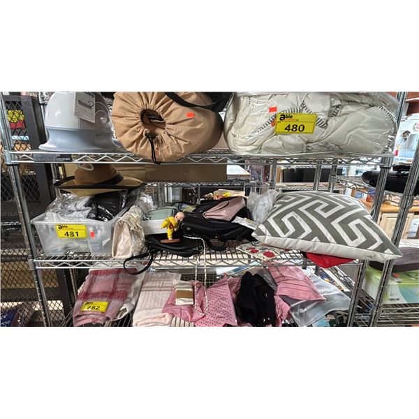 SHELF OF ASSORTED PURSES, BAGS, HATS, DECOR & MORE