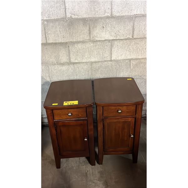 TWO DARK WOODEN SINGLE DOOR SINGLE DRAWER SIDE TABLES