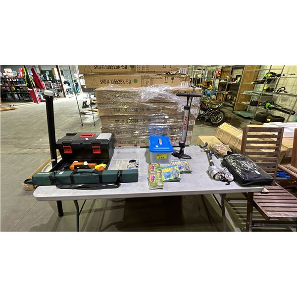 PLASTIC TOOLBOX WITH CONTENTS, FISHING ROD HOLDERS, PONCHOS, BICYCLE TIRE PUMP, VEHICLE CLUB & MORE