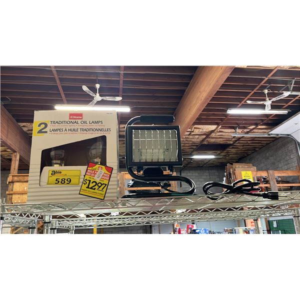 2 TRADITIONAL OIL LAMPS & A WORKLIGHT