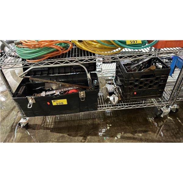 PLASTIC TOOL BOX & MILK CRATE FILLED WITH SMALL HAND TOOLS