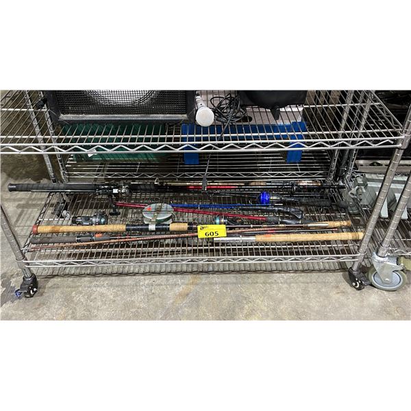 SHELF OF ASSORTED FISHING RODS