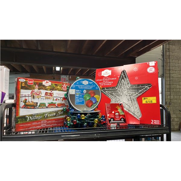 SHELF OF ASSORTED CHRISTMAS DECORATIONS