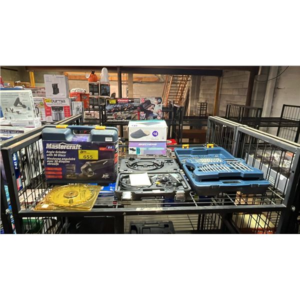 MASTERCRAFT ANGLE GRINDER, MASTERCRAFT DRILL SET IN A HARD TRANSPORT CASE, AN INSPECTION CAMERA IN