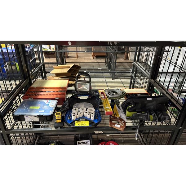 SHELF OF SMALL HAND TOOLS, DREMEL ATTACHMENTS, WORKLIGHT, TOOL BAG, SAW, HOLE SAW CUTTING TIPS &