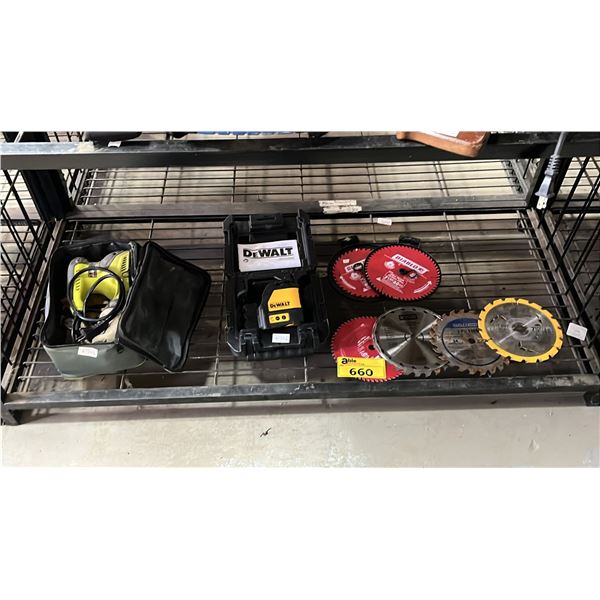 ELECTRIC SANDER, DEWALT LASER LEVEL & ASSORTED SAW BLADES