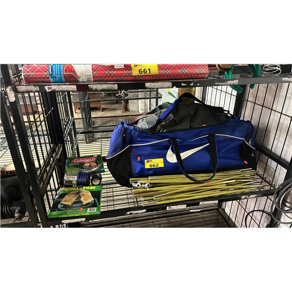 SHELF OF CAMPING TOASTERS, NIKE DUFFLE BAG WITH A TENT
