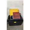 Image 1 : STACK OF ASSORTED BINS & A MILK CRATE *ONE LID*