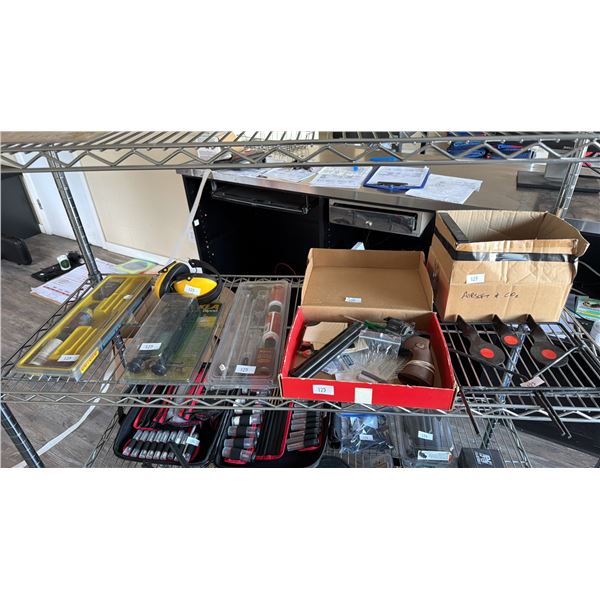 SHELF OF ASSORTED SPORT SHOOTING EQUIPMENT INCLUDING; TARGETS, EAR PROTECTION, GUN CLEANING KITS &