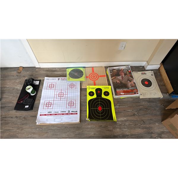 BOX OF ASSORTED TARGET PRACTICE SHOOTING SUPPLIES INCLUDING; EAR PROTECTION, EYE PROTECTION,