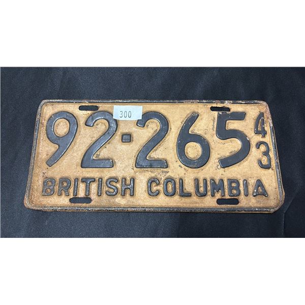 1943 BRITISH COLUMBIA LICENSE PLATE