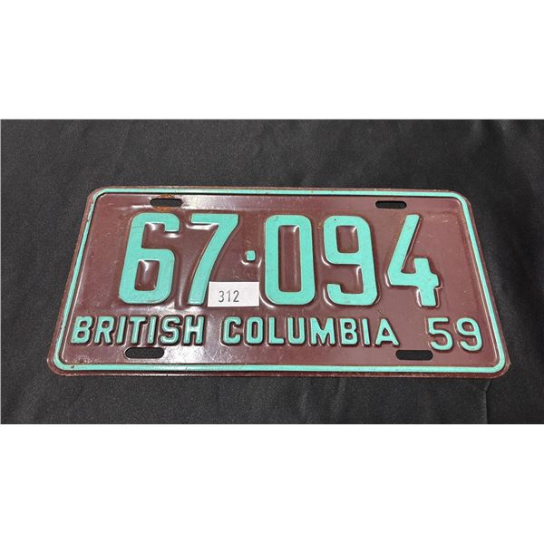 1959 BRITISH COLUMBIA LICENSE PLATE