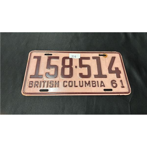 1961 BRITISH COLUMBIA LICENSE PLATE