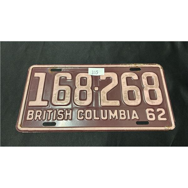 1962 BRITISH COLUMBIA LICENSE PLATE