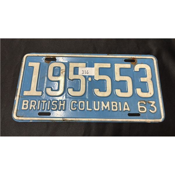 1963 BRITISH COLUMBIA LICENSE PLATE