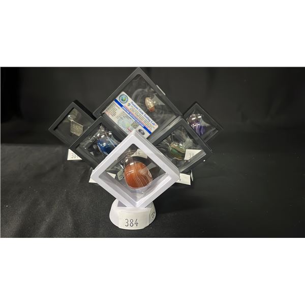 4 AGATE TUMBLED STONES, PYRITE PENDANT & OPAQUE PENDANT