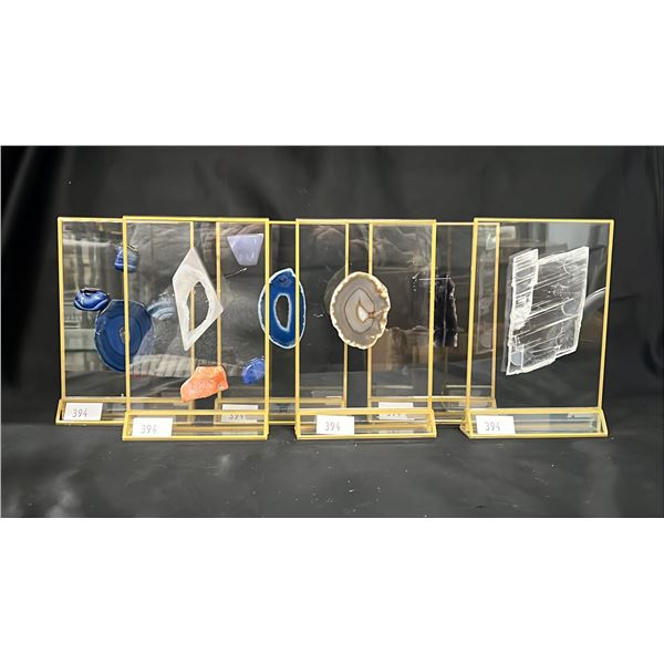 4" CLEAR SELENITE, DRUZY AGATE, ORANGE AGATE, PURPLE/GREEN FLUORITE DISPLAY & AGATE SLICES