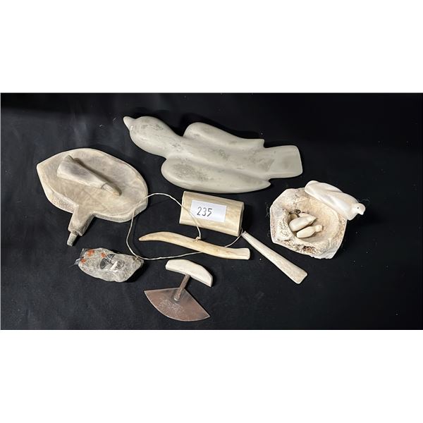 HAND CARVED INUIT BONE SCULPTURES & SOAPSTONE CARVINGS