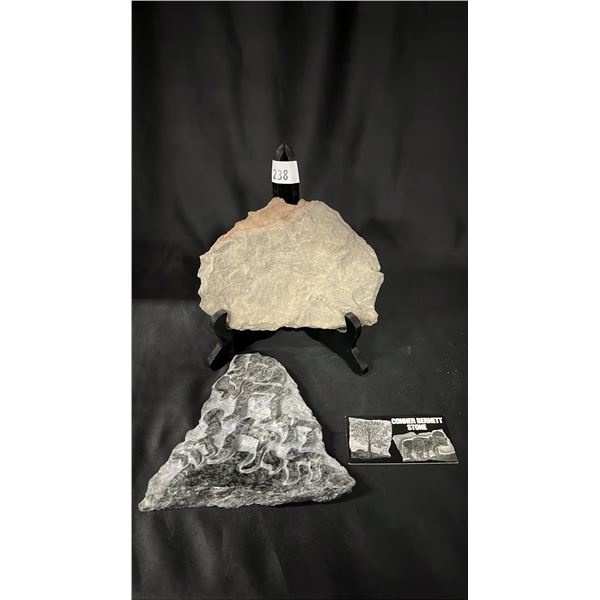 INUIT STONE CARVING & A DECORATIVE STONE SLAB ON STAND