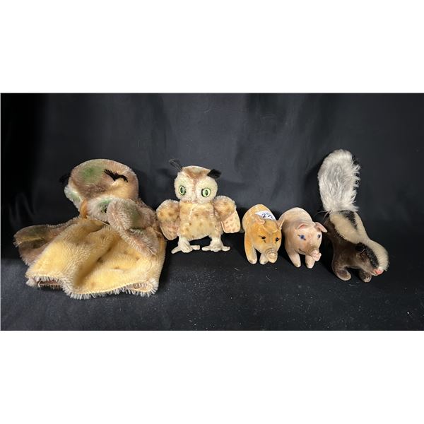 (5) ASSORTED STEIFF STUFFED ANIMALS & OWL PUPPET