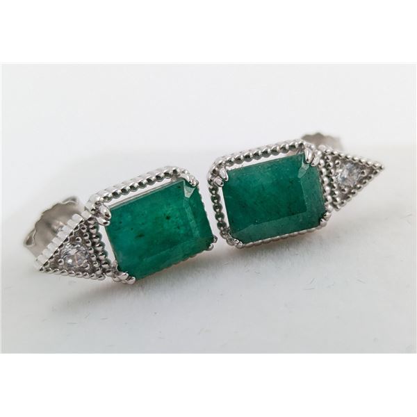 3 CT CERTIFIED SILVER EMERALD GEMSTONE EARRINGS ($5,854 APPRAISAL, APPRAISAL NOT GUARANTEED)