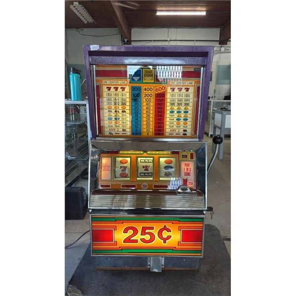 VINTAGE SLOT MACHINE WITH KEY & STAND