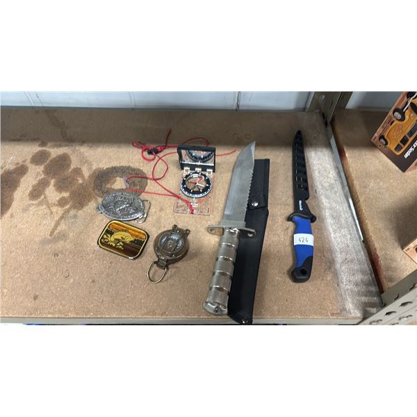 MUSTAD KNIFE WITH CASE, DEFENDER XTREME WITH CASE, TWO COMPASSES & TWO 'BASS' BELT BUCKLES