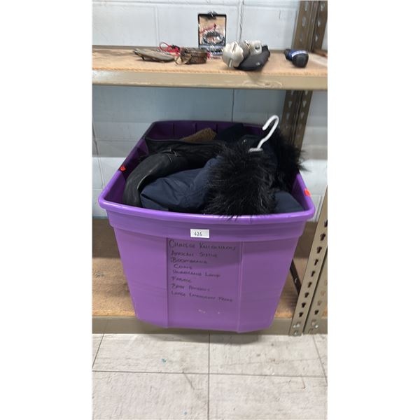 BIN OF ASSORTED WOMENS CLOTHING COATS, SHIRTS & MORE