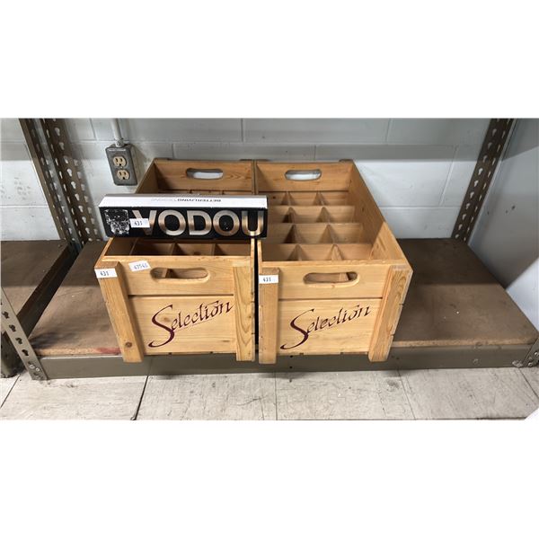 TWO WOODEN 18 SECTIONS CRATES & A BOX OF VODOU SKULL SHOT GLASSES