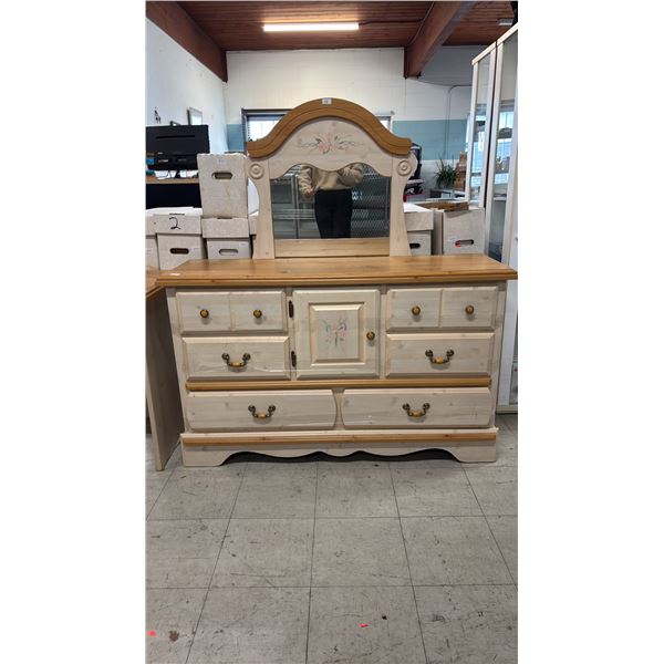 VINTAGE SIX DRAWER SINGLE DOOR DRESSER WITH ATTACHABLE MIRROR - 53 1/2"W X 16 1/2"D X 33"H,