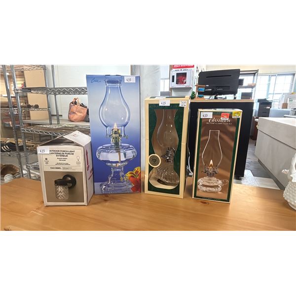 THREE VINTAGE OIL LAMPS & A OUTDOOR PORCH LIGHT