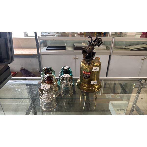 VINTAGE COLEMAN BRASS BLOWTORCH & ASSORTED VINTAGE GLASS INSULATORS