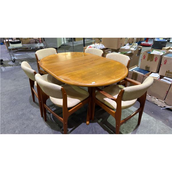 MID CENTURY MODERN TEAK STAMPED DENMARK DOUBLE PEDESTAL DINING TABLE WITH 1 LEAF - COMES WITH 6