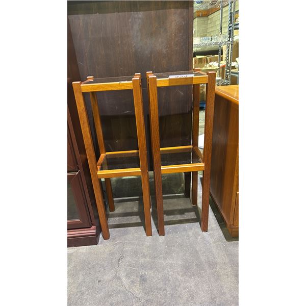 (2) MID CENTURY MODERN TEAK & GLASS 2-TIER PLANT STANDS 11" X 11" X 33"