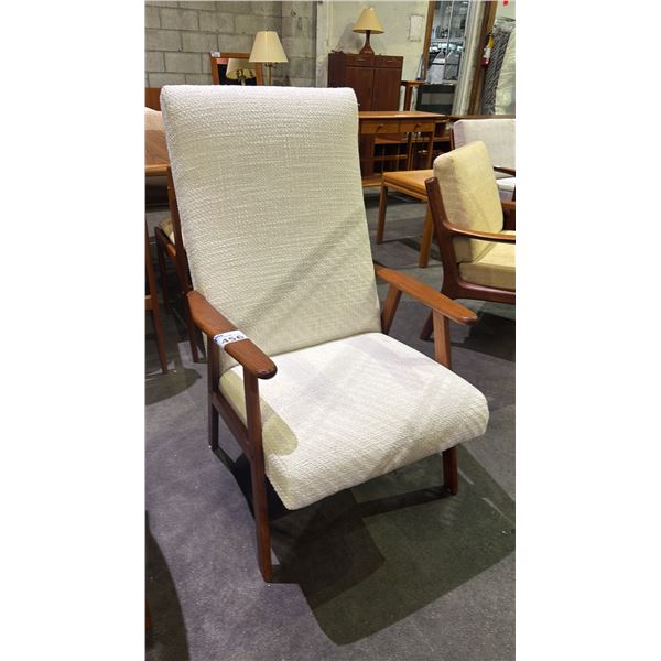 MID CENTURY MODERN DANISH TEAK UPHOLSTERED HIGH BACK ARM CHAIR