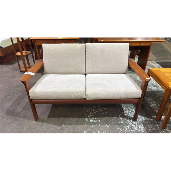 MID CENTURY DANISH MODERN TEAK UPHOLSTERED LOVESEAT
