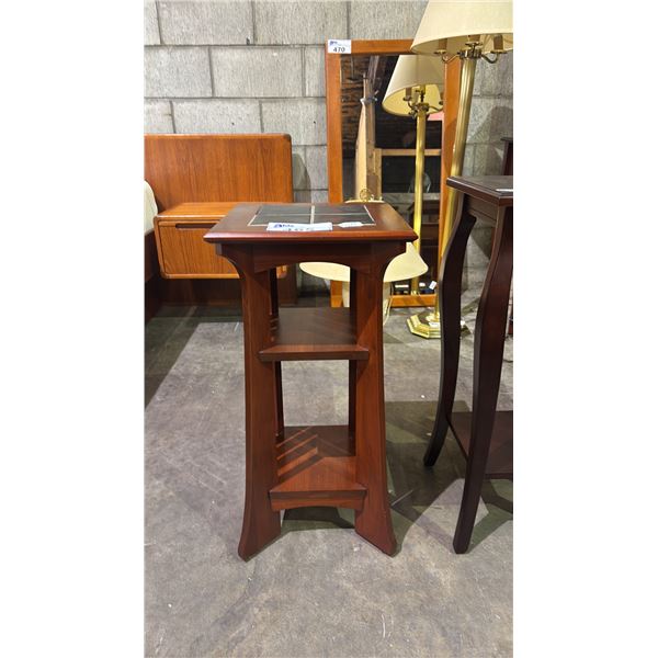 TILE IN-LAID TOP MAHOGANY FINISH SMALL PLANT STAND 13" X 13" X 26"