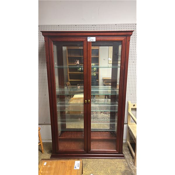 CHERRY WOOD  FINISH 2-DOOR GLASS IN-LIT DISPLAY CABINET WITH SHELVES 46" X 13" X 73"