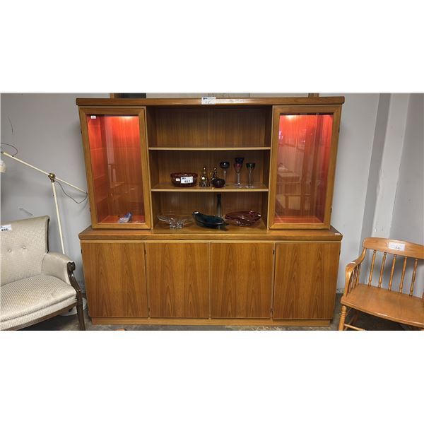 MID CENTURY DANISH MODERN TEAK IN-LIT CHINA CABINET 80" X 19" X 72" (MISSING SOME SHELVES)