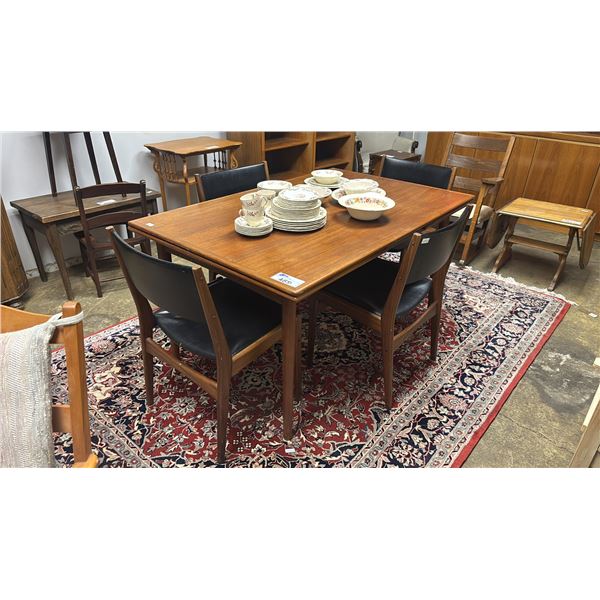 MID CENTURY DANISH MODERN TEAK DRAW LEAF DINING TABLE WITH 4 DINING CHAIRS - TABLE IS GEORG