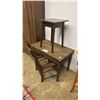 Image 1 : 3 ASSORTED VINTAGE WOOD FURNITURE PIECES - 2 SMALL TABLES & CHAIR (NO SEAT)