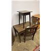 Image 2 : 3 ASSORTED VINTAGE WOOD FURNITURE PIECES - 2 SMALL TABLES & CHAIR (NO SEAT)