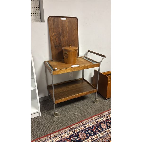 MID CENTURY DANISH MODERN TEAK SERVING CART, 2 TRAYS & ICE BUCKET