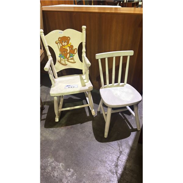 CHILDRENS WOODEN ROCKING CHAIR & A CHILDRENS WHITE CHAIR
