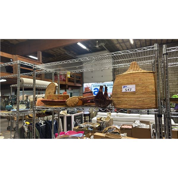 SHELF OF WOVEN BASKETS & WALL DECOR