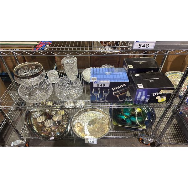 SHELF OF CRYSTAL BOWLS, PITCHER, PLATES, GOBLETS & MORE
